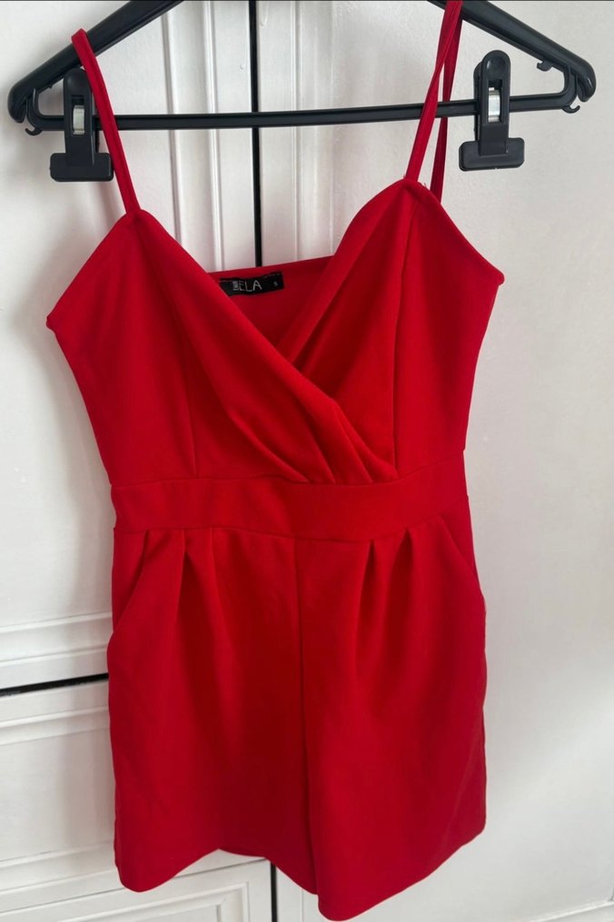 Kırmızı Drapeli Mini İnce Askılı tulum - Görsel 2