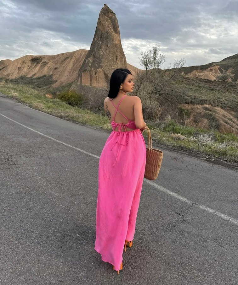 Pembe İp Askılı Uzun Bohem Elbise - Görsel 2
