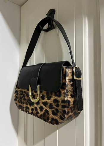 Kahverengi Leopar Desenli Deri Kadın Çanta vintage - Görsel 2