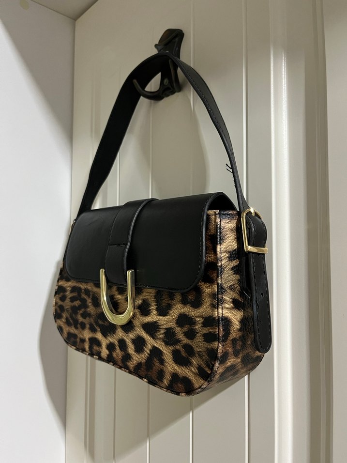 Kahverengi Leopar Desenli Deri Kadın Çanta vintage - Görsel 2