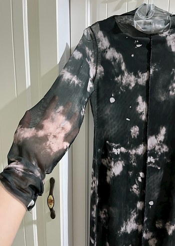 Gri Batik Desenli Uzun Kollu Transparan Elbise - Görsel 3