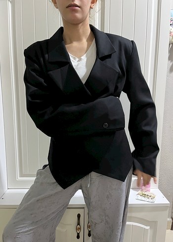 Düğmeli Siyah Kadın Crop Blazer Ceket - Görsel 7