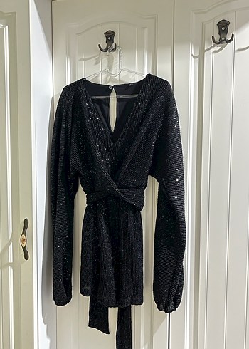 Uzun Kollu Siyah Mini Payet Abiye Elbise - Görsel 2