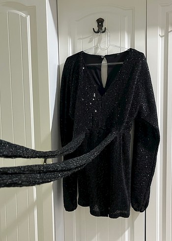 Uzun Kollu Siyah Mini Payet Abiye Elbise - Görsel 3