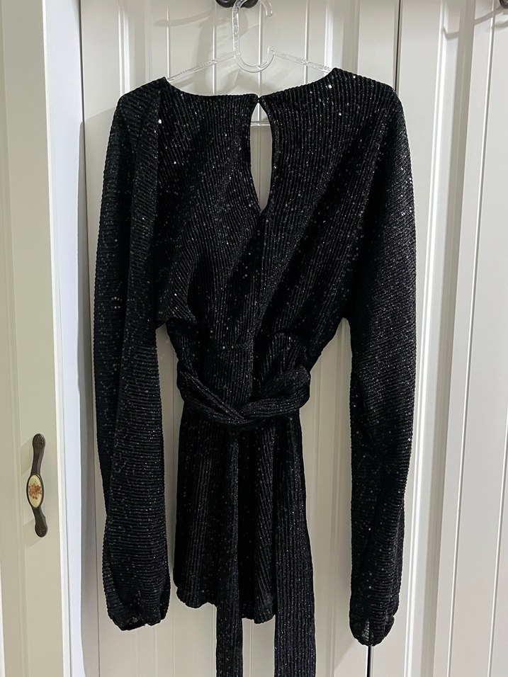 Uzun Kollu Siyah Mini Payet Abiye Elbise - Görsel 4