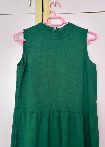 Kadın Koyu Yeşil Keten Uzun Pilili Elbise - Görsel 2