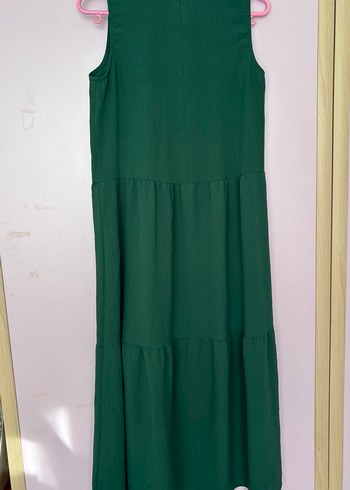 Kadın Koyu Yeşil Keten Uzun Pilili Elbise - Görsel 4