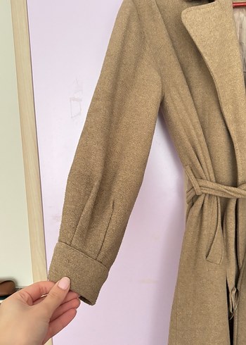 Bej Süet Kemerli Uzun Kadın Kaban - Görsel 3