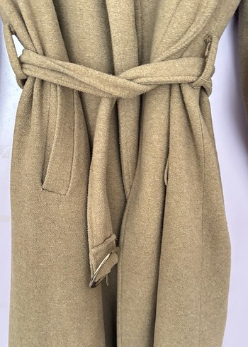 Bej Süet Kemerli Uzun Kadın Kaban - Görsel 4