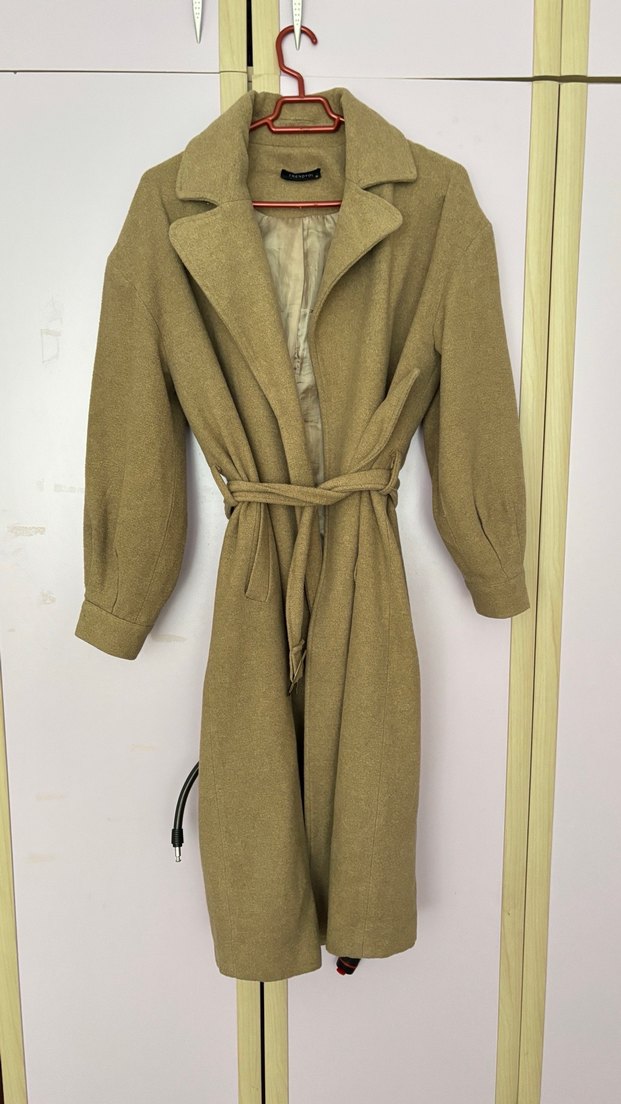 Bej Süet Kemerli Uzun Kadın Kaban - Görsel 5