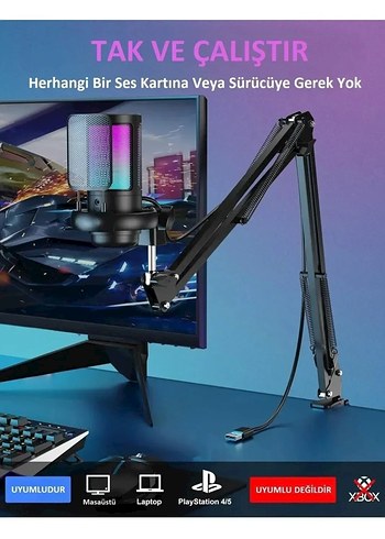Professional Stand Youtuber Tiktok Yayıncı Usb Rgb Mikrofon Seti - Görsel 4