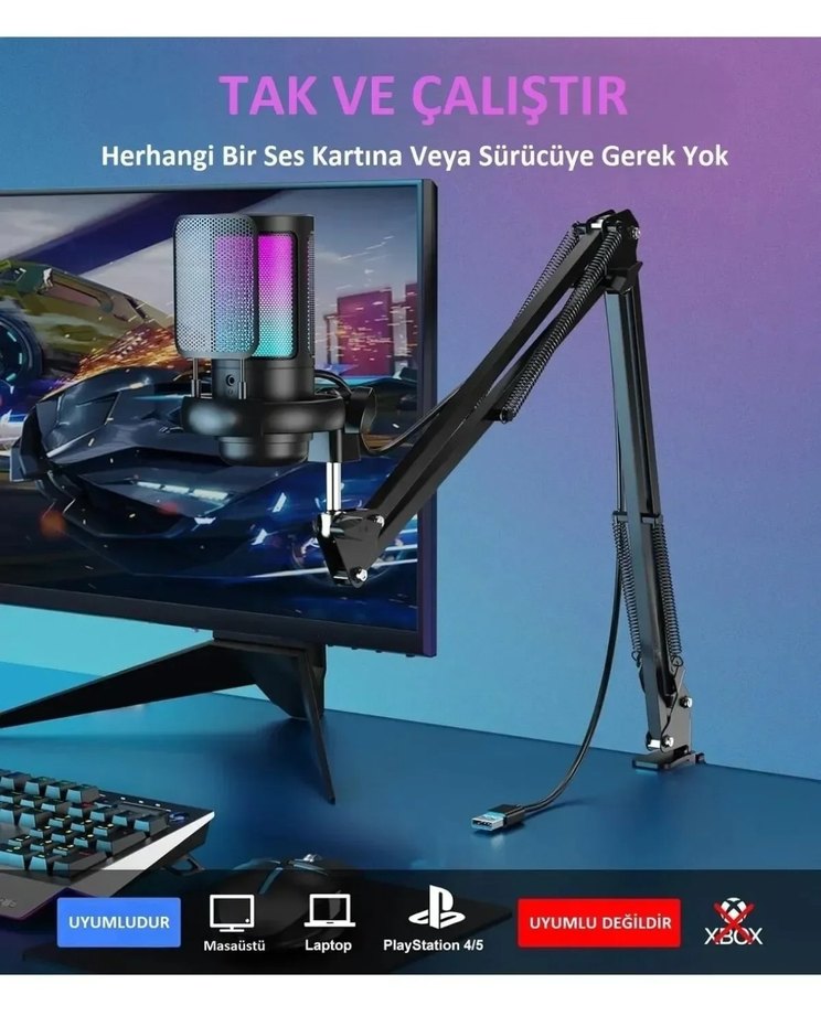 Professional Stand Youtuber Tiktok Yayıncı Usb Rgb Mikrofon Seti - Görsel 4