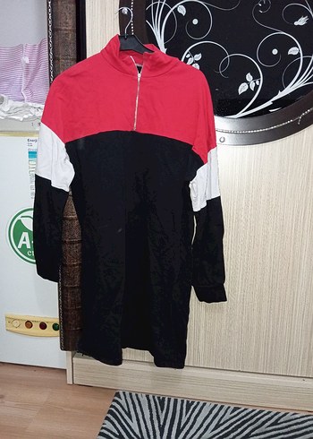 Kırmızı Siyah Yarım Fermuarlı Mini Sweatshirt