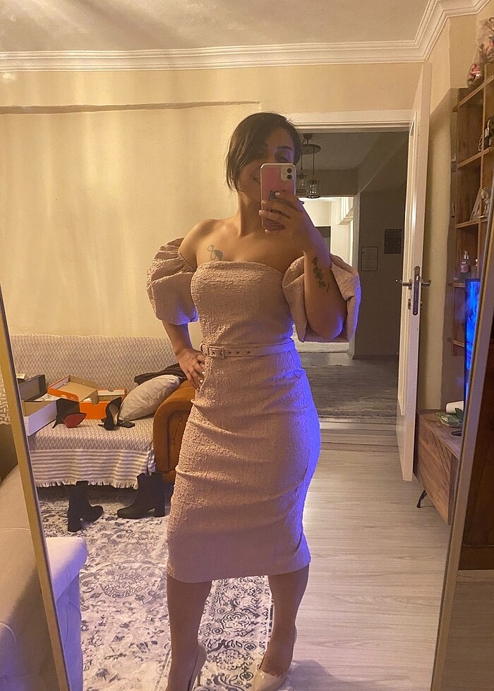 Pudra pembesi kalem elbise kol detaylı - Görsel 2