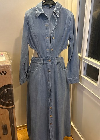 Düğmeli Mavi Denim Uzun Elbise