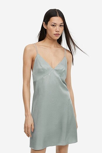 H&M Suni Elmaslı Askılı Saten Elbise