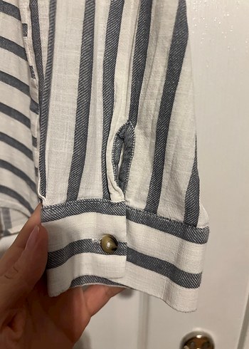 Gri Çizgili Uzun Kollu Keten Gömlek - Görsel 4
