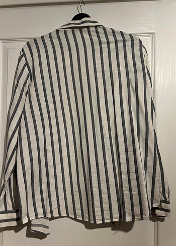 Gri Çizgili Uzun Kollu Keten Gömlek - Görsel 5