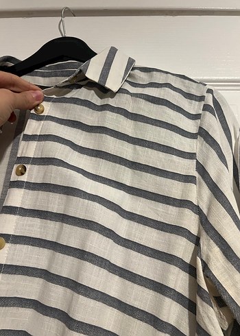 Gri Çizgili Uzun Kollu Keten Gömlek - Görsel 3