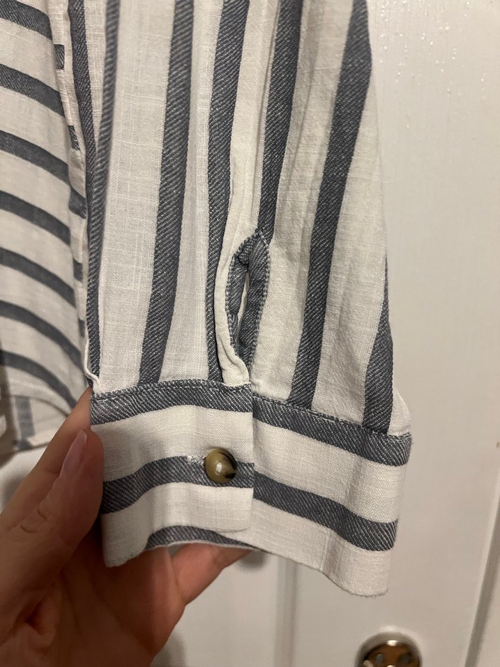 Gri Çizgili Uzun Kollu Keten Gömlek - Görsel 4