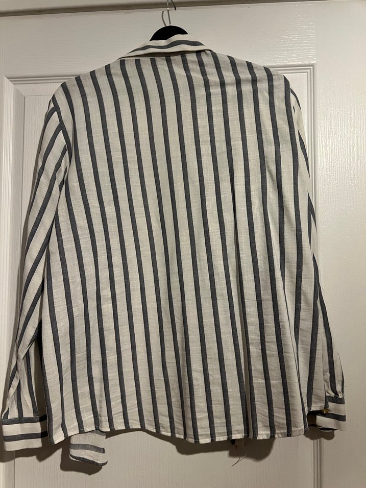 Gri Çizgili Uzun Kollu Keten Gömlek - Görsel 5