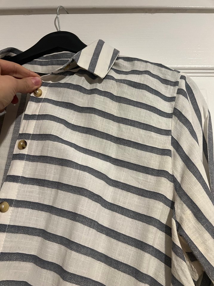 Gri Çizgili Uzun Kollu Keten Gömlek - Görsel 3