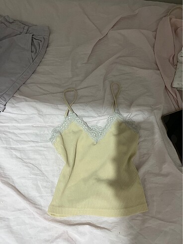 s Beden Krem sarı dantelli crop s beden
