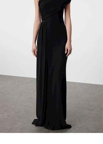 Siyah Drapeli Uzun Kadın Elbisesi - Görsel 8