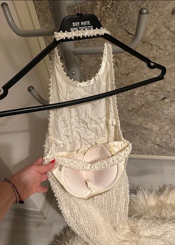 Boncuk İşlemeli Beyaz Uzun Abiye Elbise - Görsel 5