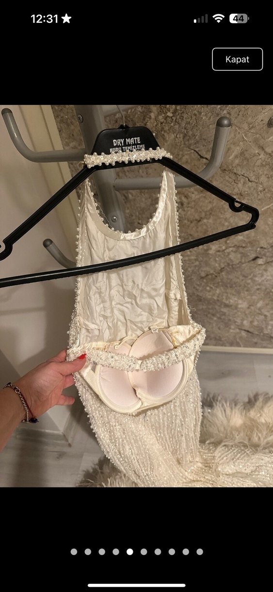 Boncuk İşlemeli Beyaz Uzun Abiye Elbise - Görsel 5