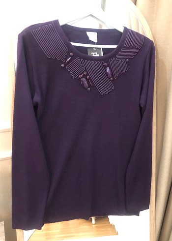 Mor Triko Kadın Bluz, Bisiklet Yaka, Uzun Kollu - Görsel 3