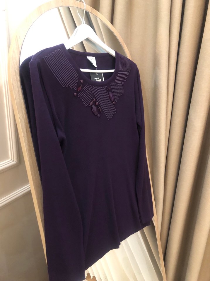 Mor Triko Kadın Bluz, Bisiklet Yaka, Uzun Kollu - Görsel 2