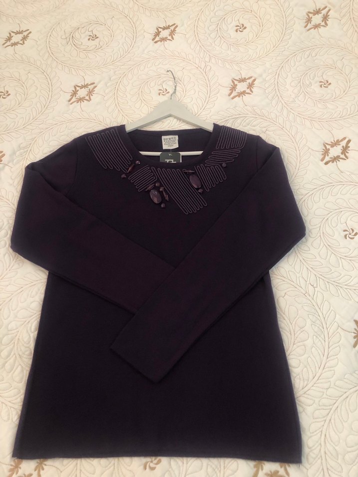 Mor Triko Kadın Bluz, Bisiklet Yaka, Uzun Kollu - Görsel 5