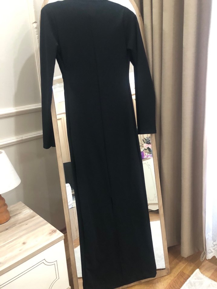 Düğmeli Siyah Uzun Kadın Elbise - Görsel 5