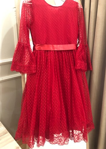 Kız Çocuk Kırmızı Dantel Detaylı Elbise - Görsel 3