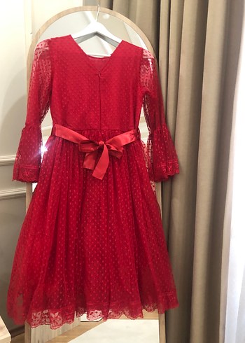 Kız Çocuk Kırmızı Dantel Detaylı Elbise - Görsel 6