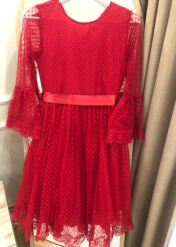 Kız Çocuk Kırmızı Dantel Detaylı Elbise - Görsel 2