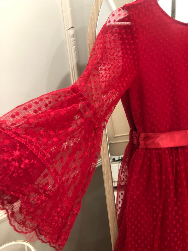 Kız Çocuk Kırmızı Dantel Detaylı Elbise - Görsel 4