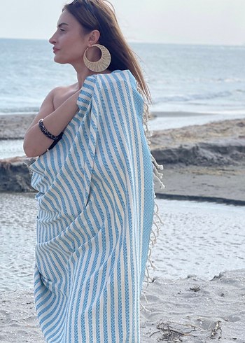 Mavi krem Çizgili Bohem Peştemal - Görsel 3