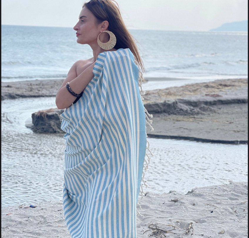 Mavi krem Çizgili Bohem Peştemal - Görsel 3