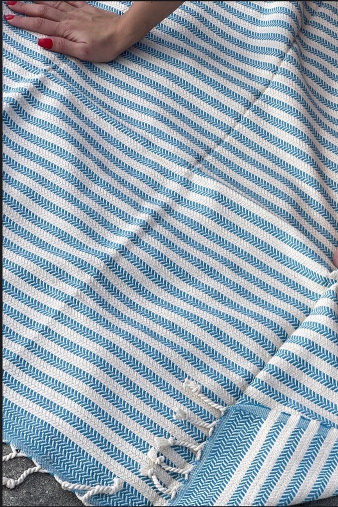 Mavi krem Çizgili Bohem Peştemal - Görsel 2
