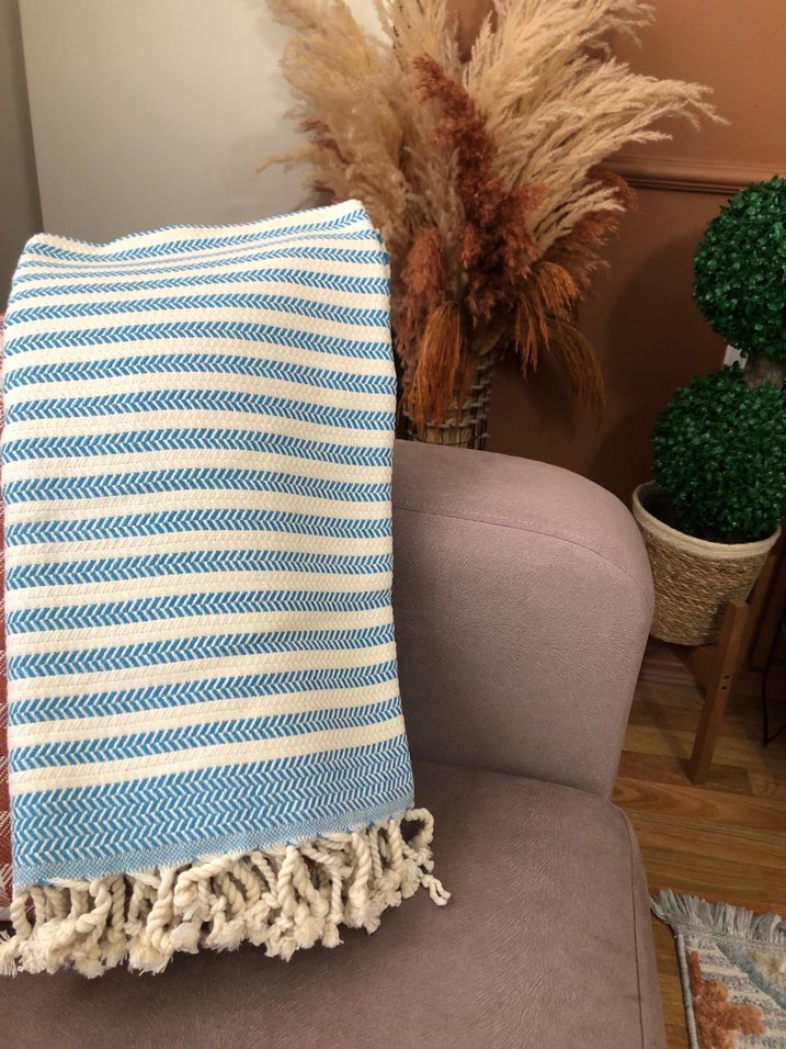 Mavi krem Çizgili Bohem Peştemal - Görsel 5