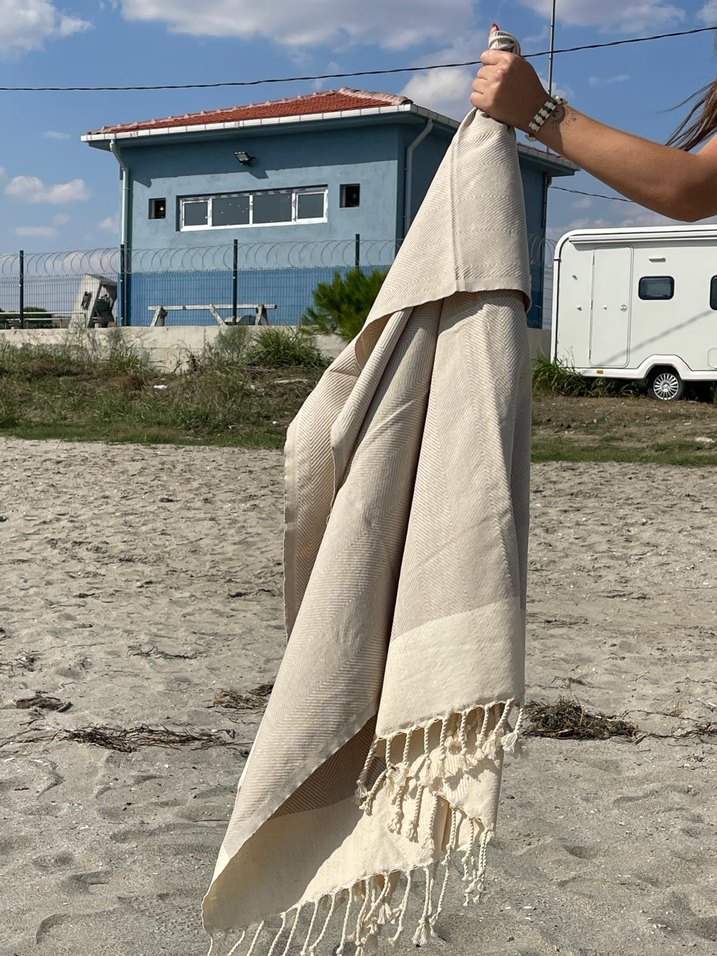 Bej Bohem Püsküllü Plaj Havlusu - Görsel 5