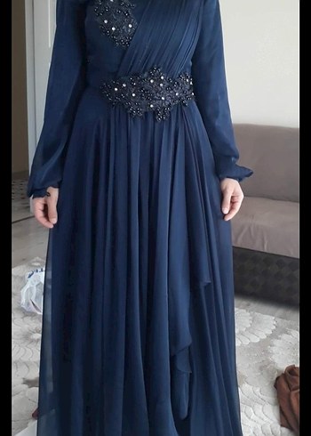 Lacivert Nakışlı Uzun Abiye Elbise - Görsel 4
