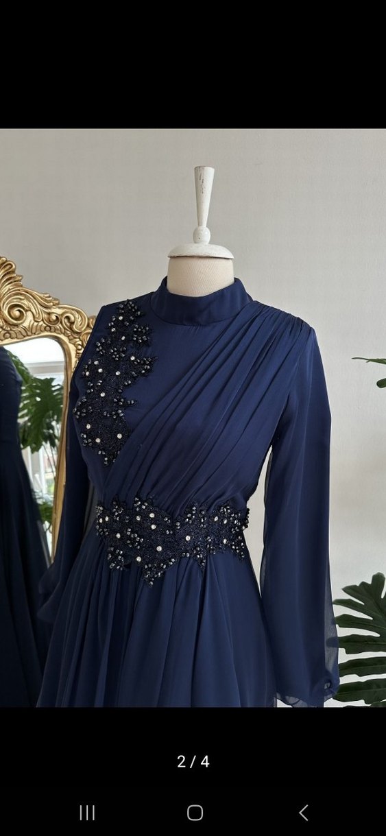 Lacivert Nakışlı Uzun Abiye Elbise - Görsel 2