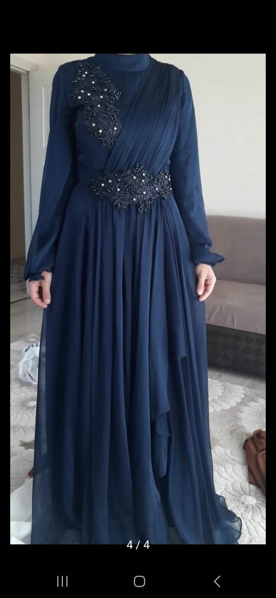 Lacivert Nakışlı Uzun Abiye Elbise - Görsel 4