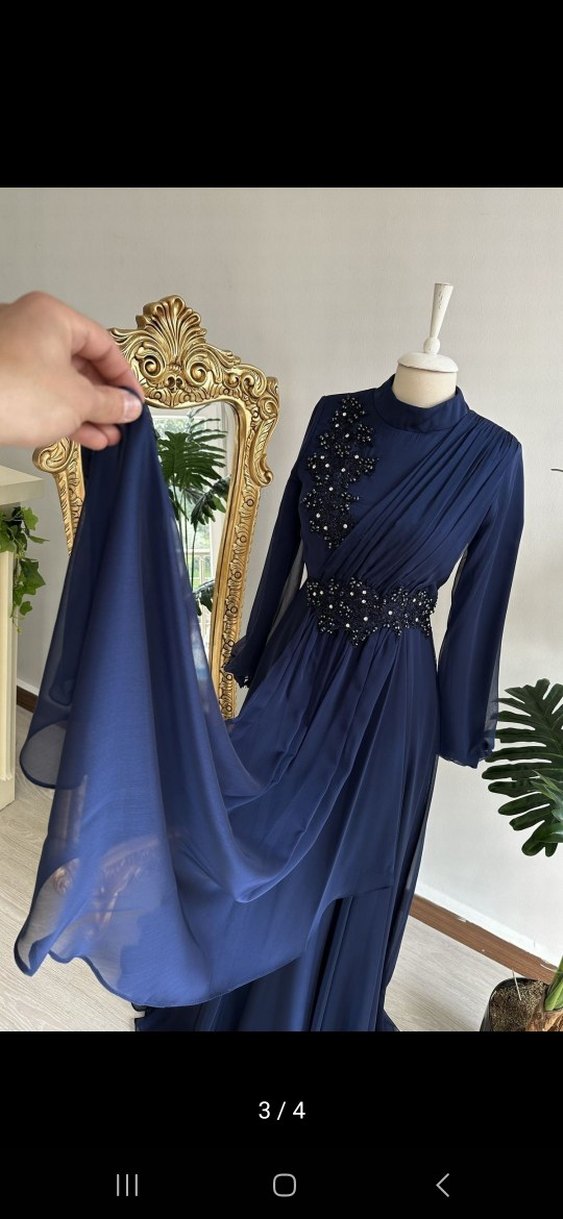 Lacivert Nakışlı Uzun Abiye Elbise - Görsel 3
