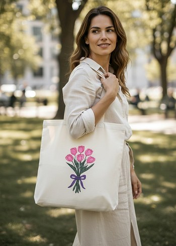 Beyaz Pamuklu Çiçek Baskılı Kadın Çantası - Görsel 3