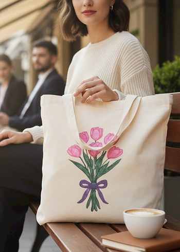 Beyaz Pamuklu Çiçek Baskılı Kadın Çantası - Görsel 4