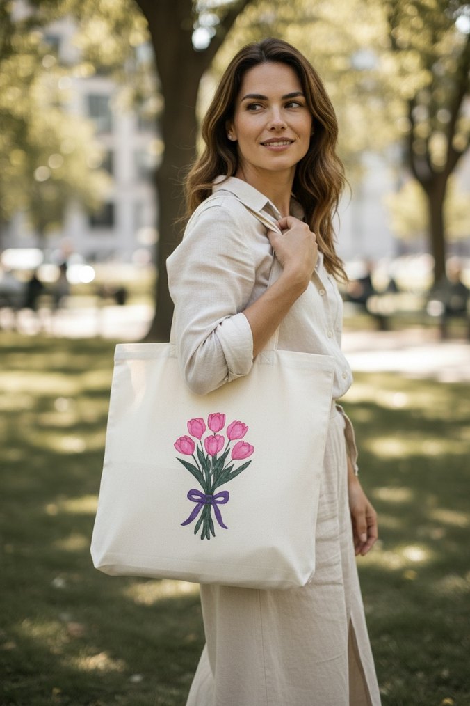 Beyaz Pamuklu Çiçek Baskılı Kadın Çantası - Görsel 3